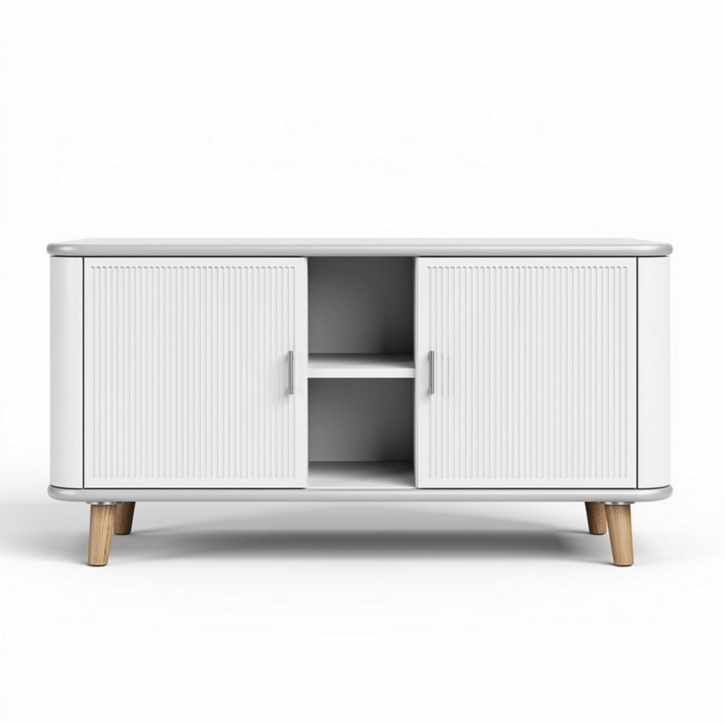 Meuble TV en bois blanc avec portes battantes et étagères 100 x 40 x 45cm