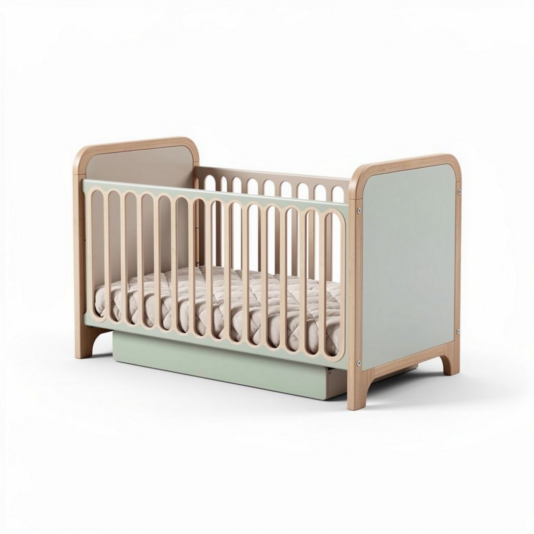 Lit de bébé en bois avec côtés en vert et dimensions 120 x 60 x 85cm