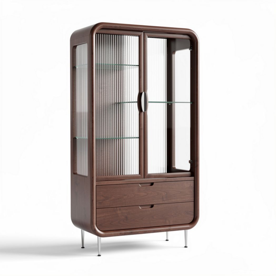 Vitrine en bois marron avec portes en verre et tiroirs 80 x 40 x 180cm