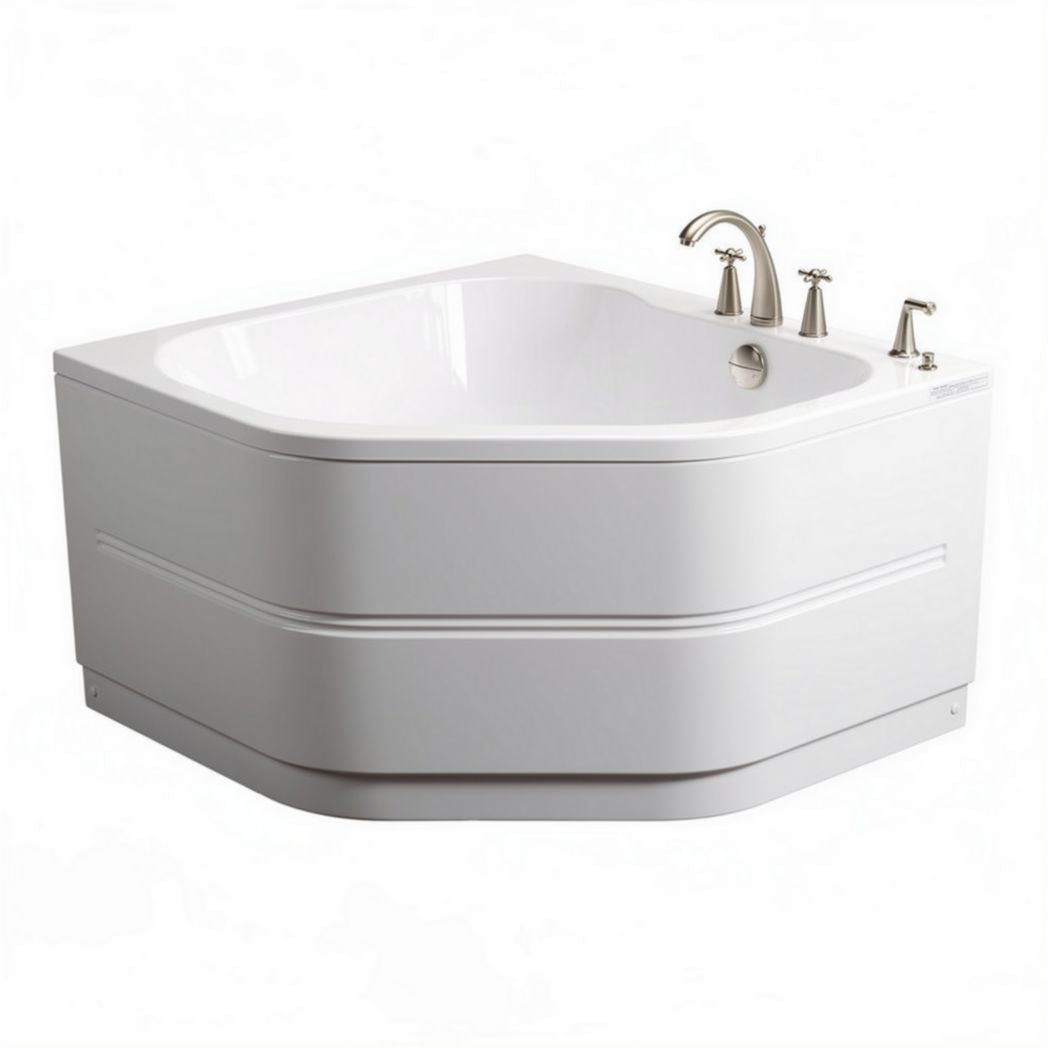 Baignoire d'angle en acrylique blanche avec robinetterie chrome dimensions 150 x 150 x 60cm